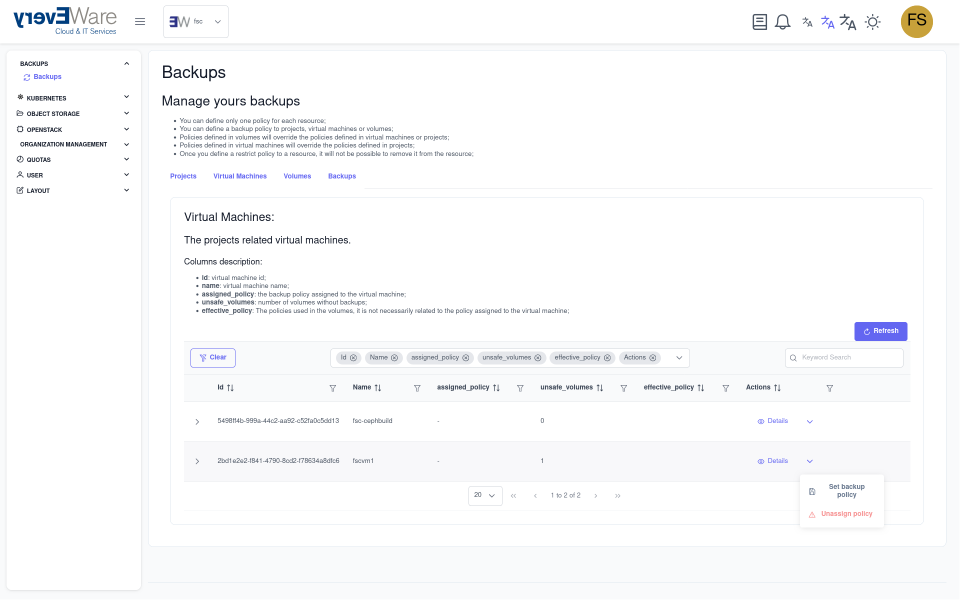 Virtual Machines Tab